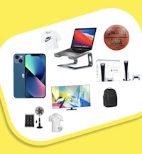 a yellow background with various items including a laptop, a phone and a basketball