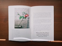 an open book with an image of a rose
