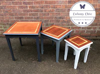 three wooden tables with the words galaxy chic on them