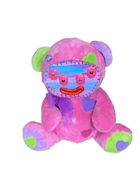 a pink teddy bear with colorful eyes on a black background
