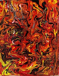 an abstract painting with red, yellow and black swirls
