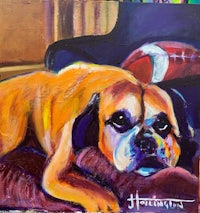 a painting of a dog laying on a couch