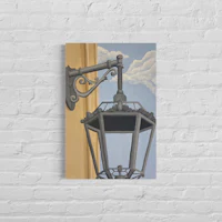 a painting of a street lamp on a brick wall