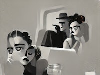 a black and white illustration of a man and woman sitting in a plane