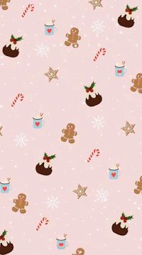 a pink christmas pattern with gingerbread cookies and candy canes