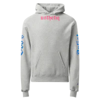 a grey hoodie with blue and pink letters on it