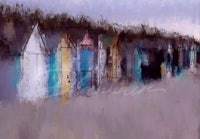 a painting of beach huts in the fog