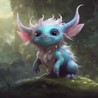 a small blue creature sitting on top of a rock in a forest