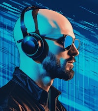 a bald man with headphones in front of a blue background