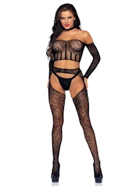 a woman wearing a black lace bodysuit and lingerie