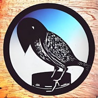 a black bird sits on top of a wooden circle