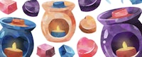 a set of watercolor jars with candles and crystals
