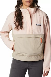 the women's columbia jacket is pink and tan