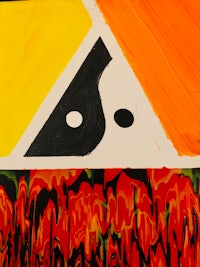 an orange and black painting with a triangle in the middle
