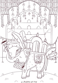 a coloring page of an elephant in a temple