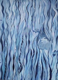 a painting of a blue sea with wavy lines