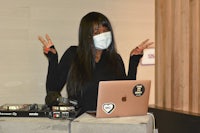 a woman wearing a face mask