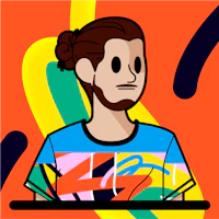 a cartoon of a man in a colorful t - shirt