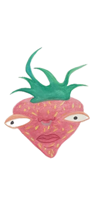 a strawberry with green hair and eyes on a black background