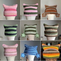 crocheted cat hats in different colors