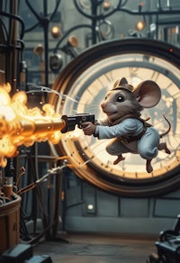an image of a mouse with a gun in front of a clock