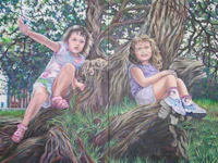 a painting of two little girls sitting in a tree