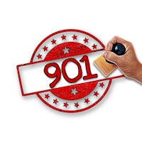 a person is holding a stamp with the number 901 on it