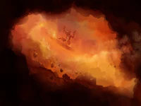 a painting of a man riding a surfboard on a cloud of smoke