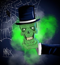 a skeleton in a top hat holding a spider web
