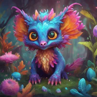 a little blue and purple creature in the forest