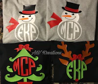 three christmas shirts with monogrammed snowmen and reindeer