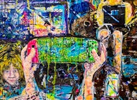 a painting of a woman holding a cell phone