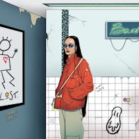 a woman in a red jacket is standing in a bathroom