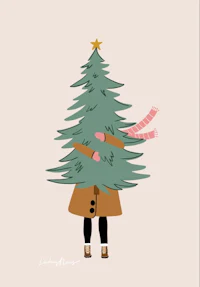 an illustration of a girl holding a christmas tree