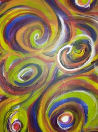 an abstract painting with colorful swirls and circles