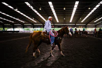 a man riding a horse in an indoor arena
