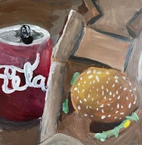 a painting of a hamburger and a can of soda