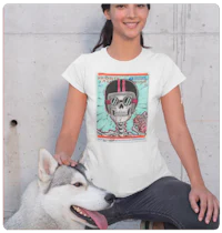 a woman wearing a t - shirt with an image of a skeleton and a dog