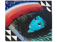 a painting of a woman with blue hair and a starry sky