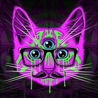a cat with glasses on a purple background