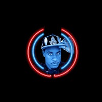 a man in a hat with a blue and red neon circle around him