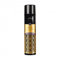 a bottle of black and gold hairspray on a white background
