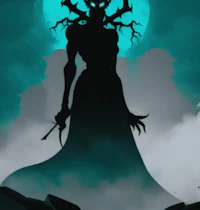a silhouette of a demon standing in front of a full moon