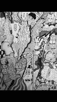 a black and white drawing of a group of people