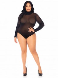 a plus size woman posing in a black sheer bodysuit