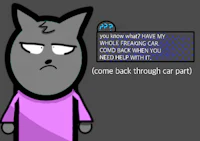 a cat in a purple shirt with a message that says come back through car part