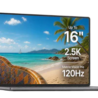 a laptop with a view of a beach and a palm tree