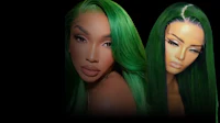 two women with green wigs on a black background