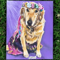 a painting of a golden retriever wearing a flower crown