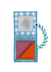 a blue and orange cell phone with a chain attached to it